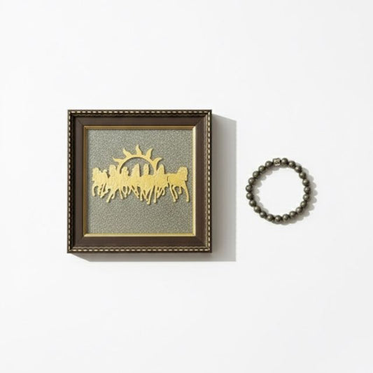 AstroLucrum Seven Horses Pyrite Frame with Pyrite Bracelet Combo