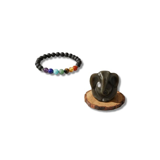 AstroLucrum Pyrite Ganesha with Seven Chakra Black Onyx Energy & Protection Bracelet Combo