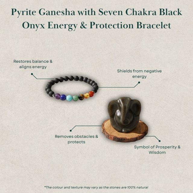 AstroLucrum Pyrite Ganesha with Seven Chakra Black Onyx Energy & Protection Bracelet Combo