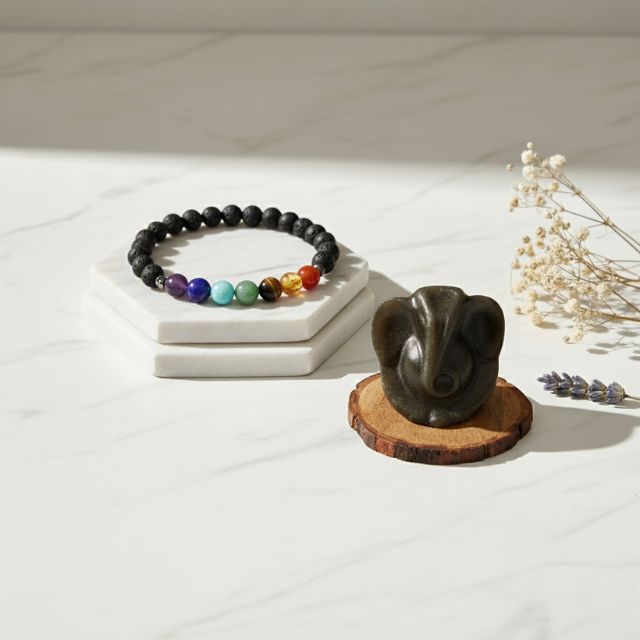 AstroLucrum Pyrite Ganesha with Seven Chakra Black Onyx Energy & Protection Bracelet Combo